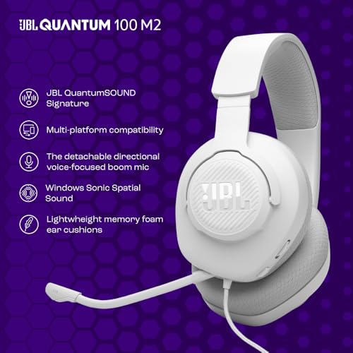 JBL Quantum 100M2 Kabelgebundenes Over-Ear Gaming Headset mit JBL QuantumSOUND Signature, 3,5-mm-Klinke, Multi-Plattform-Kompatibilität und abnehmbarem Mikrofon mit Stummschaltungsoption, Weiß Bild 2