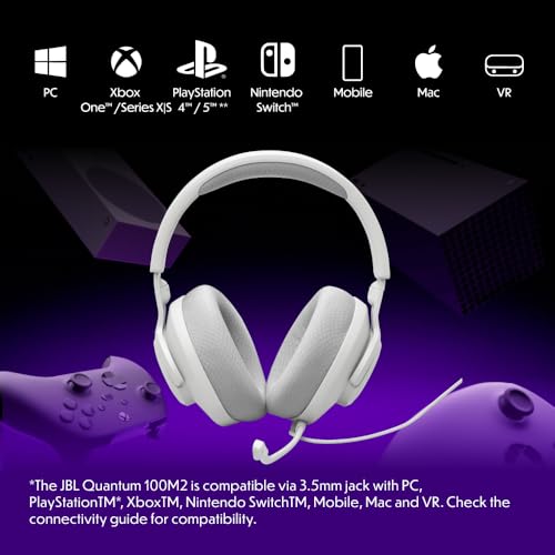 JBL Quantum 100M2 Kabelgebundenes Over-Ear Gaming Headset mit JBL QuantumSOUND Signature, 3,5-mm-Klinke, Multi-Plattform-Kompatibilität und abnehmbarem Mikrofon mit Stummschaltungsoption, Weiß Bild 3