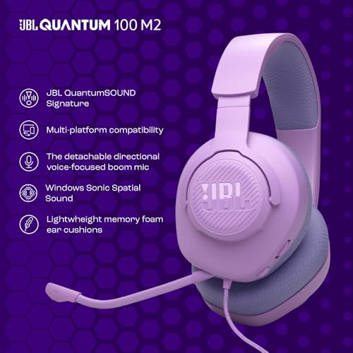 JBL Quantum 100M2 Kabelgebundenes Over-Ear Gaming Headset mit JBL QuantumSOUND Signature, 3,5-mm-Klinke, Multi-Plattform-Kompatibilität und abnehmbarem Mikrofon mit Stummschaltungsoption, Lila Bild 2