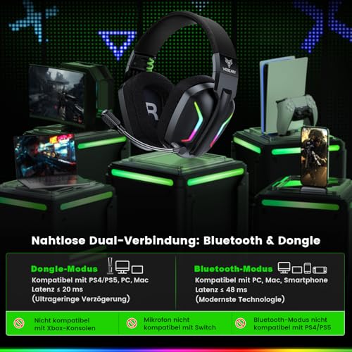 WESEARY WG1 Bluetooth Headset, 2,4G Wireless Gaming Headset mit Mikrofon für PS5, PS4, PC, Switch, Mac, Faltbarer Surround Sound Noise Cancelling Kopfhörer mit LED Licht, Über 50 Stunden Akkulaufzeit Bild 2