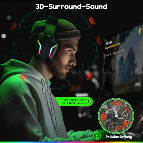 WESEARY WG1 Bluetooth Headset, 2,4G Wireless Gaming Headset mit Mikrofon für PS5, PS4, PC, Switch, Mac, Faltbarer Surround Sound Noise Cancelling Kopfhörer mit LED Licht, Über 50 Stunden Akkulaufzeit Bild 3