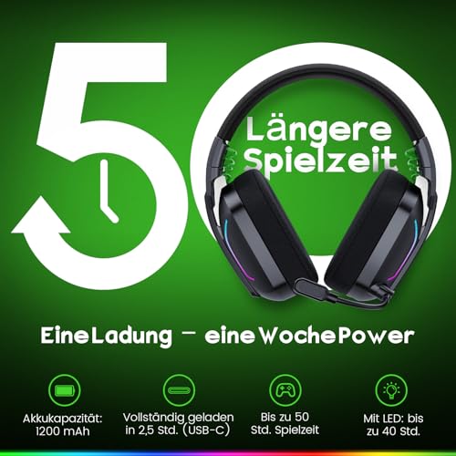 WESEARY WG1 Bluetooth Headset, 2,4G Wireless Gaming Headset mit Mikrofon für PS5, PS4, PC, Switch, Mac, Faltbarer Surround Sound Noise Cancelling Kopfhörer mit LED Licht, Über 50 Stunden Akkulaufzeit Bild 4