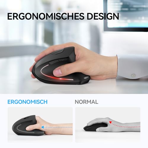 TECKNET Ergonomische Maus, Kabellose Bluetooth Vertikale Maus(BT 5.0+BT 3.0+2.4G), 6 Einstellstufen bis 4800 DPI, Optisch Leise Wireless Mouse für Laptop/PC/Mac/Tablet/iPad(Win/Android/iOS), 6 Tasten Bild 2