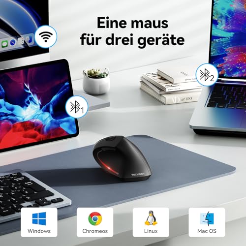 TECKNET Ergonomische Maus, Kabellose Bluetooth Vertikale Maus(BT 5.0+BT 3.0+2.4G), 6 Einstellstufen bis 4800 DPI, Optisch Leise Wireless Mouse für Laptop/PC/Mac/Tablet/iPad(Win/Android/iOS), 6 Tasten Bild 3