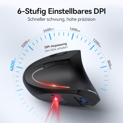 TECKNET Ergonomische Maus, Kabellose Bluetooth Vertikale Maus(BT 5.0+BT 3.0+2.4G), 6 Einstellstufen bis 4800 DPI, Optisch Leise Wireless Mouse für Laptop/PC/Mac/Tablet/iPad(Win/Android/iOS), 6 Tasten Bild 4
