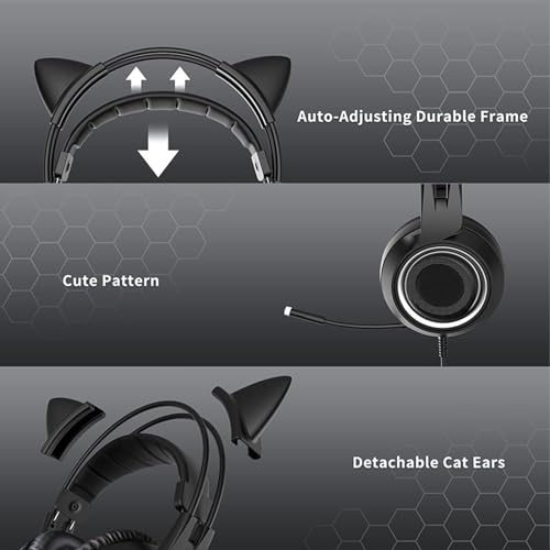 Annadue Cat Ears Gaming-Headset, Over-Ear-Kopfhörer mit Geräuschunterdrückung und Mikrofon, 40-mm-Lautsprecher, 3,5-mm-Stecker, für One, Switch, PC, Telefon (Black) Bild 4