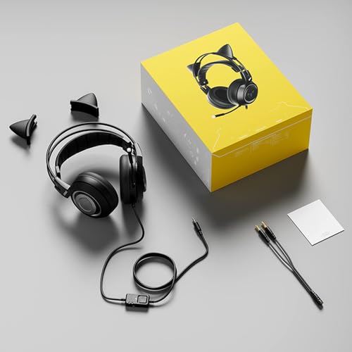 Annadue Cat Ears Gaming-Headset, Over-Ear-Kopfhörer mit Geräuschunterdrückung und Mikrofon, 40-mm-Lautsprecher, 3,5-mm-Stecker, für One, Switch, PC, Telefon (Black) Bild 7