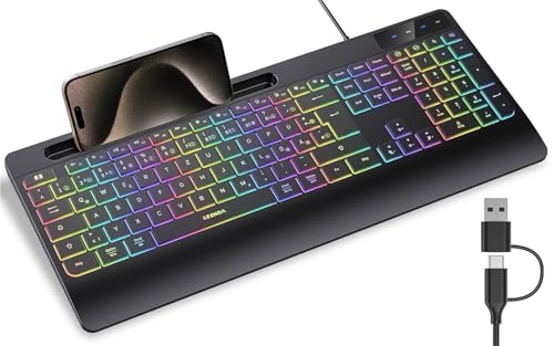 seenda KOE200 Kabelgebundene Tastatur mit USB-A- & USB-C-Kabel beleuchtet, ergonomische Tastatur mit Handyhalter mit Handyhalter, leise Tasten, Fur Windows/Tablet/Mac– QWERTZ Layout Bild 1