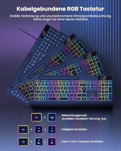 seenda KOE200 Kabelgebundene Tastatur mit USB-A- & USB-C-Kabel beleuchtet, ergonomische Tastatur mit Handyhalter mit Handyhalter, leise Tasten, Fur Windows/Tablet/Mac– QWERTZ Layout Bild 2