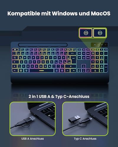 seenda KOE200 Kabelgebundene Tastatur mit USB-A- & USB-C-Kabel beleuchtet, ergonomische Tastatur mit Handyhalter mit Handyhalter, leise Tasten, Fur Windows/Tablet/Mac– QWERTZ Layout Bild 3