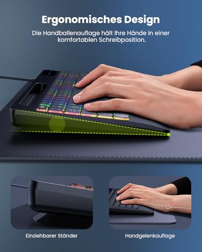 seenda KOE200 Kabelgebundene Tastatur mit USB-A- & USB-C-Kabel beleuchtet, ergonomische Tastatur mit Handyhalter mit Handyhalter, leise Tasten, Fur Windows/Tablet/Mac– QWERTZ Layout Bild 4