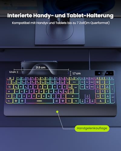 seenda KOE200 Kabelgebundene Tastatur mit USB-A- & USB-C-Kabel beleuchtet, ergonomische Tastatur mit Handyhalter mit Handyhalter, leise Tasten, Fur Windows/Tablet/Mac– QWERTZ Layout Bild 5