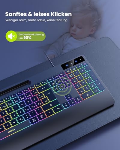 seenda KOE200 Kabelgebundene Tastatur mit USB-A- & USB-C-Kabel beleuchtet, ergonomische Tastatur mit Handyhalter mit Handyhalter, leise Tasten, Fur Windows/Tablet/Mac– QWERTZ Layout Bild 6