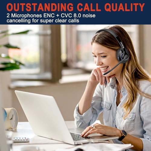 Bluetooth Headset V5.1 Klasse 1, Wireless Headset mit CVC8.0 Dual Mikrofon Noise Cancelling Headset Kabellos für Handy PC Teams Zoom Home Office, 30 Stunden+ Sprechzeit, Komfort Passform Bild 2