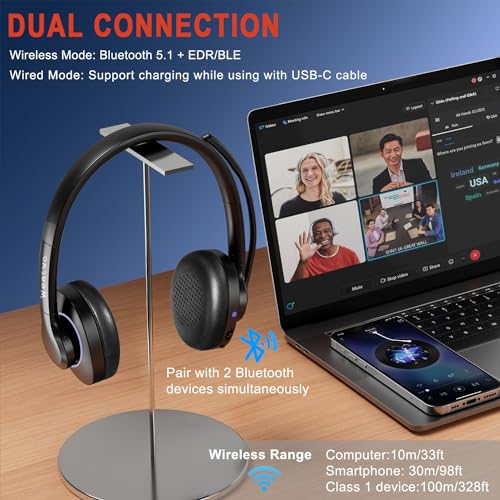 Bluetooth Headset V5.1 Klasse 1, Wireless Headset mit CVC8.0 Dual Mikrofon Noise Cancelling Headset Kabellos für Handy PC Teams Zoom Home Office, 30 Stunden+ Sprechzeit, Komfort Passform Bild 3