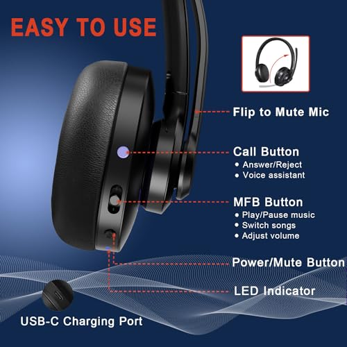 Bluetooth Headset V5.1 Klasse 1, Wireless Headset mit CVC8.0 Dual Mikrofon Noise Cancelling Headset Kabellos für Handy PC Teams Zoom Home Office, 30 Stunden+ Sprechzeit, Komfort Passform Bild 4