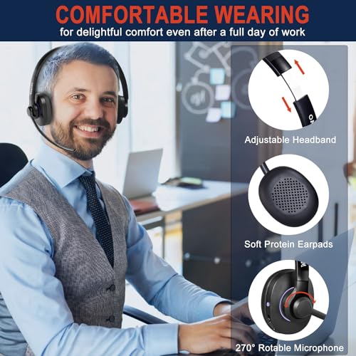 Bluetooth Headset V5.1 Klasse 1, Wireless Headset mit CVC8.0 Dual Mikrofon Noise Cancelling Headset Kabellos für Handy PC Teams Zoom Home Office, 30 Stunden+ Sprechzeit, Komfort Passform Bild 6