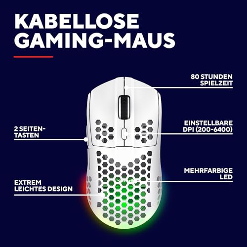 Trust Gaming GXT 929 Helox Kabellose Gaming Maus, Ultraleichte Maus 75g, 80h Dauerbetrieb, 2,4-GHz-Mikro-USB-Empfänger, Einstellbare DPI (800-4800), 6 Programmierbare Tasten, Gaming PC MMO - Weiß Bild 2