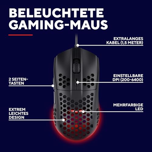 Trust Gaming GXT 928 Helox Gaming Maus, Ultraleichte Kabelgebundene USB Maus 65g, Einstellbare DPI (200-6400), Optischer Sensor, 6 Programmierbare Tasten, RGB-Beleuchtung für Gaming PC MMO - Schwarz Bild 2