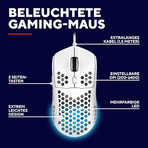 Trust Gaming GXT 928 Helox Gaming Maus, Ultraleichte Kabelgebundene USB Maus 65g, Einstellbare DPI (200-6400), Optischer Sensor, 6 Programmierbare Tasten, RGB-Beleuchtung für Gaming PC MMO - Weiß Bild 2