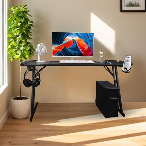 Pyhodi Gaming-Schreibtisch mit Umgebungsbeleuchtung, Abnehmbarer LED-Computerarbeitsplatz mit Stahlbeinen für zu Hause, 140 X 59 cm Großer Schreibtisch, Getränkehalter, Headset-Halter, Bild 2