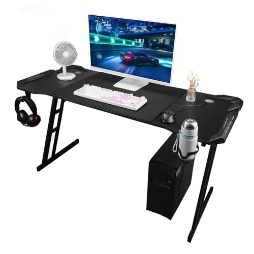 Pyhodi Gaming-Schreibtisch mit Umgebungsbeleuchtung, Abnehmbarer LED-Computerarbeitsplatz mit Stahlbeinen für zu Hause, 140 X 59 cm Großer Schreibtisch, Getränkehalter, Headset-Halter, Bild 5