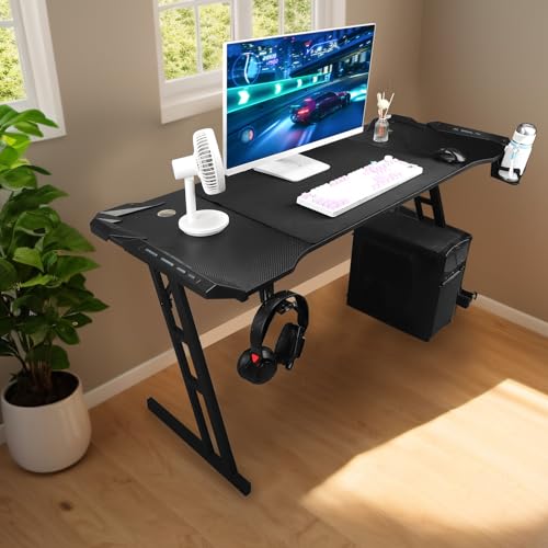 Pyhodi Gaming-Schreibtisch mit Umgebungsbeleuchtung, Abnehmbarer LED-Computerarbeitsplatz mit Stahlbeinen für zu Hause, 140 X 59 cm Großer Schreibtisch, Getränkehalter, Headset-Halter, Bild 6