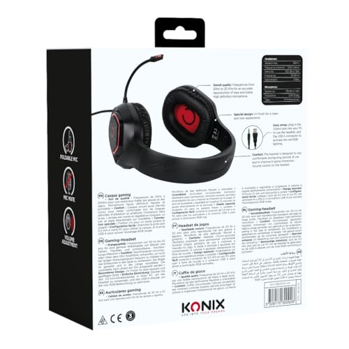Konix Kabelgebundenes Gaming-Headset Oberon PC, PS5, Switch 2, Xbox - 50 mm Lautsprecher - Hochempfindliches Mikrofon - Rote LED-Beleuchtung - Schwarz Bild 7