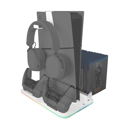 MARSGAMING MPS5-B2, RGB-Ständer für PS5 Slim Standard und Digital, 1x Lüfter, Dual-Controller-Ladestation, PS5-Ständer mit RGB-Neon-Beleuchtung, Spiele-Organizer + Headset-Ständer, Weiß Bild 1