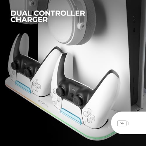 MARSGAMING MPS5-B2, RGB-Ständer für PS5 Slim Standard und Digital, 1x Lüfter, Dual-Controller-Ladestation, PS5-Ständer mit RGB-Neon-Beleuchtung, Spiele-Organizer + Headset-Ständer, Weiß Bild 2