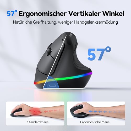 TECKNET RGB Wiederaufladbar Ergonomische Maus Kabellos, 2,4 GHz+Bluetooth Vertikale Maus, 11 RGB-Beleuchtungsmodi, 6 Einstellstufen bis 4800DPI, Multi-Device, Vertical Maus für Windows, macOS, Schwarz Bild 2