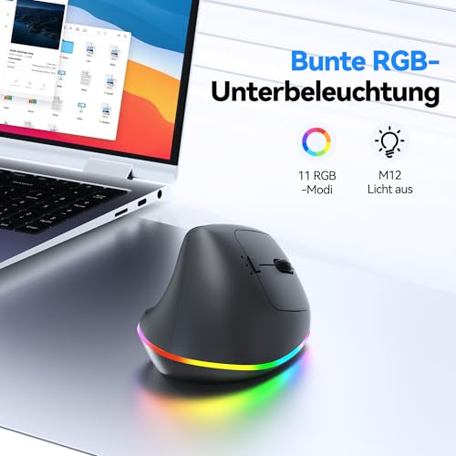 TECKNET RGB Wiederaufladbar Ergonomische Maus Kabellos, 2,4 GHz+Bluetooth Vertikale Maus, 11 RGB-Beleuchtungsmodi, 6 Einstellstufen bis 4800DPI, Multi-Device, Vertical Maus für Windows, macOS, Schwarz Bild 3