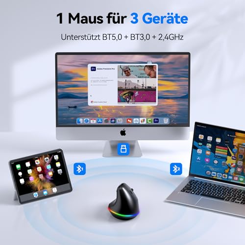 TECKNET RGB Wiederaufladbar Ergonomische Maus Kabellos, 2,4 GHz+Bluetooth Vertikale Maus, 11 RGB-Beleuchtungsmodi, 6 Einstellstufen bis 4800DPI, Multi-Device, Vertical Maus für Windows, macOS, Schwarz Bild 4