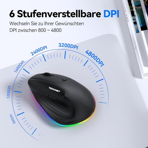 TECKNET RGB Wiederaufladbar Ergonomische Maus Kabellos, 2,4 GHz+Bluetooth Vertikale Maus, 11 RGB-Beleuchtungsmodi, 6 Einstellstufen bis 4800DPI, Multi-Device, Vertical Maus für Windows, macOS, Schwarz Bild 5