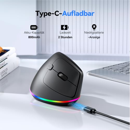 TECKNET RGB Wiederaufladbar Ergonomische Maus Kabellos, 2,4 GHz+Bluetooth Vertikale Maus, 11 RGB-Beleuchtungsmodi, 6 Einstellstufen bis 4800DPI, Multi-Device, Vertical Maus für Windows, macOS, Schwarz Bild 6