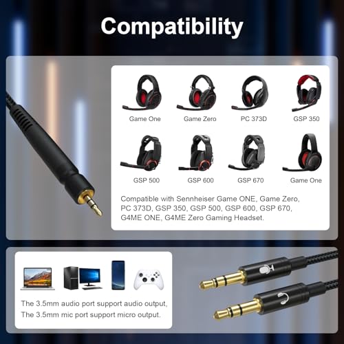 Toxaoii GSP 600 Audiokabel mit Stummschaltung und Lautstärkeregler, kompatibel mit Sennheiser Game ONE, Game Zero, PC 373D, GSP 350, GSP 500, GSP 600, GSP 670, G4ME One, G4ME Zero Gaming Headset, 1,8 Bild 2