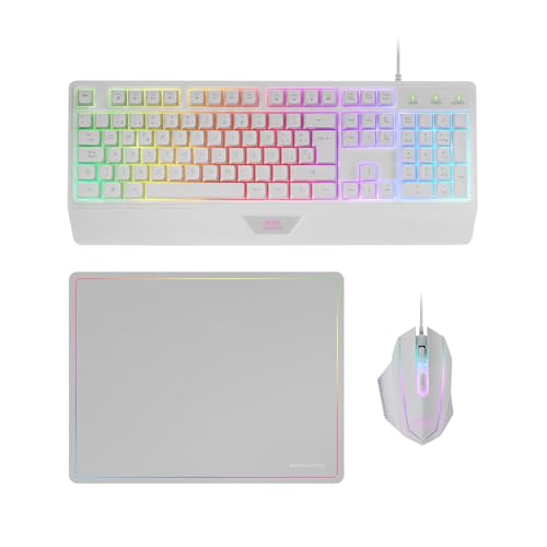 MARSGAMING MCP124, 3in1 Gaming Combo, Ergonomische H-Mech LED RGB Tastatur, RGB Maus 3200DPI HUANO Switches, Nanotextil-Mauspad 360x260mm, Multiplattform-Kompatibilität, Spanisches Layout, Weiß Bild 1