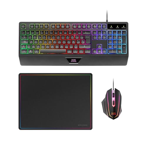 MARSGAMING MCP124, 3in1 Gaming Combo, Ergonomische H-Mech LED RGB Tastatur, RGB Maus 3200DPI HUANO Switches, Nanotextil-Mauspad 360x260mm, Multiplattform-Kompatibilität, Spanisches Layout, Schwarz Bild 1
