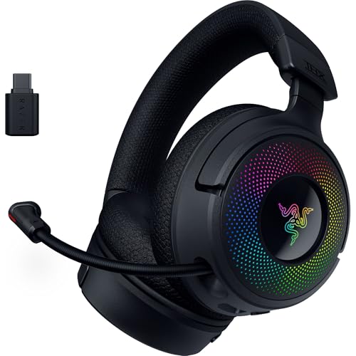 Razer Kraken V4 - Kabelloses PC Gaming-Headset (3-Modi-Konnektivität, Triforce 40mm Treiber, 9-Zonen-RGB-Beleuchtung der Ohrmuscheln, Mix- und Lautstärkeregelung, THX Spatial Audio) Schwarz Bild 1