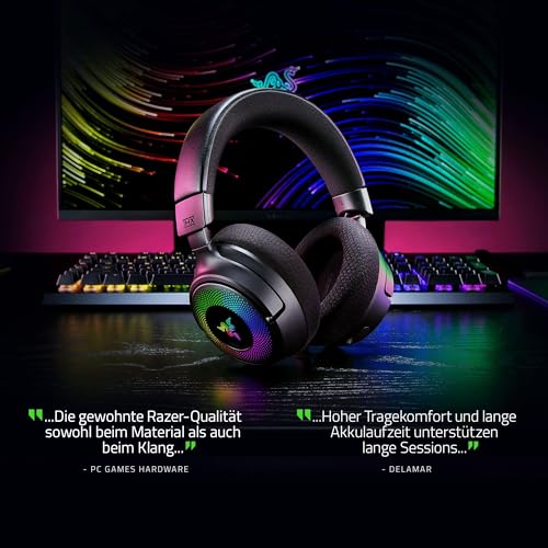 Razer Kraken V4 - Kabelloses PC Gaming-Headset (3-Modi-Konnektivität, Triforce 40mm Treiber, 9-Zonen-RGB-Beleuchtung der Ohrmuscheln, Mix- und Lautstärkeregelung, THX Spatial Audio) Schwarz Bild 2