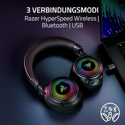 Razer Kraken V4 - Kabelloses PC Gaming-Headset (3-Modi-Konnektivität, Triforce 40mm Treiber, 9-Zonen-RGB-Beleuchtung der Ohrmuscheln, Mix- und Lautstärkeregelung, THX Spatial Audio) Schwarz Bild 3