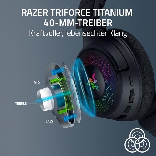 Razer Kraken V4 - Kabelloses PC Gaming-Headset (3-Modi-Konnektivität, Triforce 40mm Treiber, 9-Zonen-RGB-Beleuchtung der Ohrmuscheln, Mix- und Lautstärkeregelung, THX Spatial Audio) Schwarz Bild 5