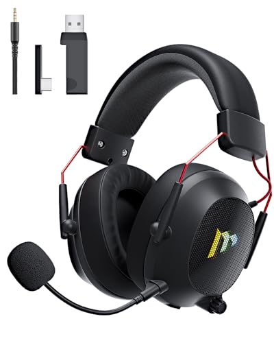 Mytrix Tac Master 2,4 GHz kabelloses Gaming-Headset mit Mikrofon mit Geräuschunterdrückung für PC, PS4, PS5, Mac, Bluetooth 5.3 Gaming-Kopfhörer mit RGB-Licht, Surround-Sound, 48-Stunden-Akku Schwarz Bild 1