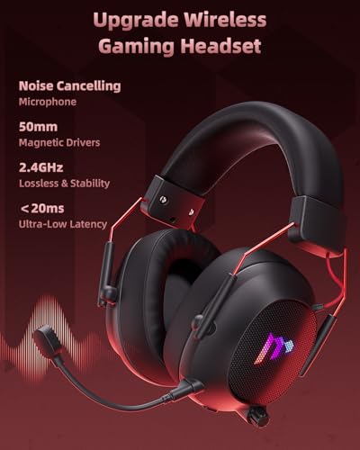 Mytrix Tac Master 2,4 GHz kabelloses Gaming-Headset mit Mikrofon mit Geräuschunterdrückung für PC, PS4, PS5, Mac, Bluetooth 5.3 Gaming-Kopfhörer mit RGB-Licht, Surround-Sound, 48-Stunden-Akku Schwarz Bild 2