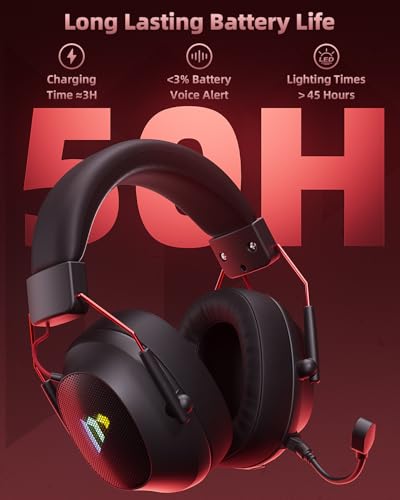 Mytrix Tac Master 2,4 GHz kabelloses Gaming-Headset mit Mikrofon mit Geräuschunterdrückung für PC, PS4, PS5, Mac, Bluetooth 5.3 Gaming-Kopfhörer mit RGB-Licht, Surround-Sound, 48-Stunden-Akku Schwarz Bild 3