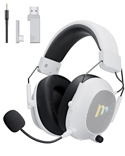 Mytrix Tac Master 2,4 GHz kabelloses Gaming-Headset mit Mikrofon mit Geräuschunterdrückung für PC, PS4, PS5, Mac, Bluetooth 5.3 Gaming-Kopfhörer mit RGB-Licht, Surround-Sound, 48-Stunden-Akku Weiß Bild 1