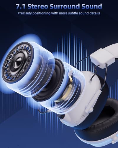 Mytrix Tac Master 2,4 GHz kabelloses Gaming-Headset mit Mikrofon mit Geräuschunterdrückung für PC, PS4, PS5, Mac, Bluetooth 5.3 Gaming-Kopfhörer mit RGB-Licht, Surround-Sound, 48-Stunden-Akku Weiß Bild 2