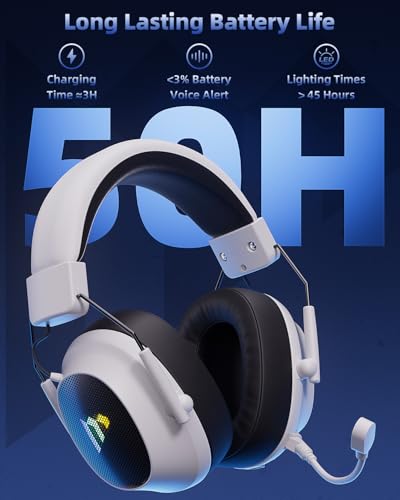 Mytrix Tac Master 2,4 GHz kabelloses Gaming-Headset mit Mikrofon mit Geräuschunterdrückung für PC, PS4, PS5, Mac, Bluetooth 5.3 Gaming-Kopfhörer mit RGB-Licht, Surround-Sound, 48-Stunden-Akku Weiß Bild 3