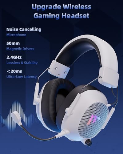 Mytrix Tac Master 2,4 GHz kabelloses Gaming-Headset mit Mikrofon mit Geräuschunterdrückung für PC, PS4, PS5, Mac, Bluetooth 5.3 Gaming-Kopfhörer mit RGB-Licht, Surround-Sound, 48-Stunden-Akku Weiß Bild 4