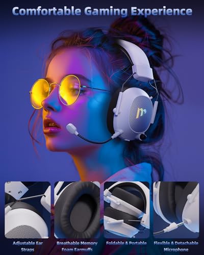 Mytrix Tac Master 2,4 GHz kabelloses Gaming-Headset mit Mikrofon mit Geräuschunterdrückung für PC, PS4, PS5, Mac, Bluetooth 5.3 Gaming-Kopfhörer mit RGB-Licht, Surround-Sound, 48-Stunden-Akku Weiß Bild 6